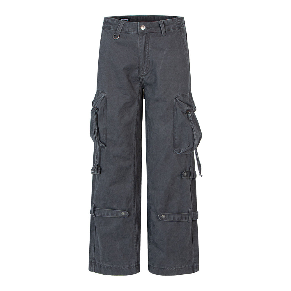 Style High-End Belted Large Pocket Cargo Pants for Men, Retro Streetwear Loose Straight Leg Casual Long Pants