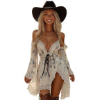 Vintage Denim Style Printed Mini Dress for Women, Summer Casual Fashion Dress