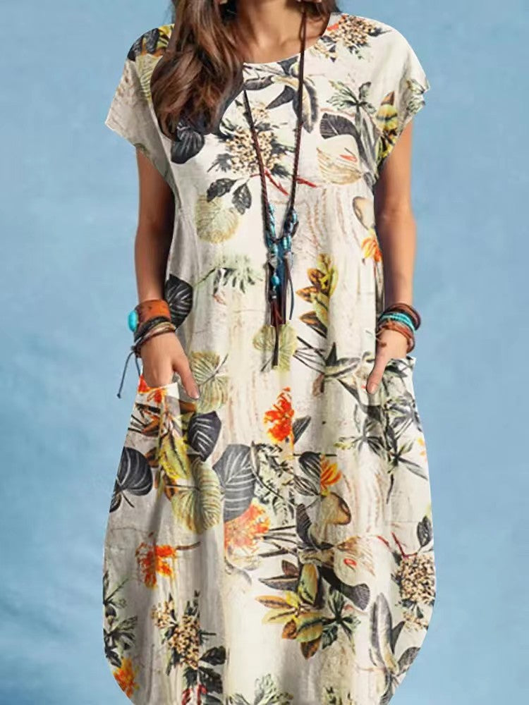 Style Printed Cap Sleeve Round Neck Patch Pocket A-line Dress