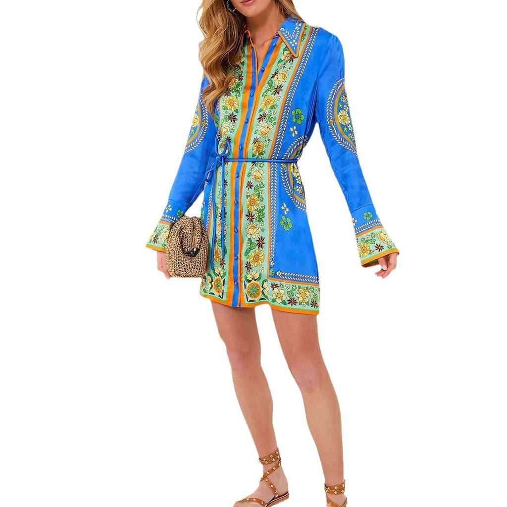 Chic Printed Belted Waist Vacation Long Sleeve Dress with Turn-Down Collar and Flared Sleeves for Women