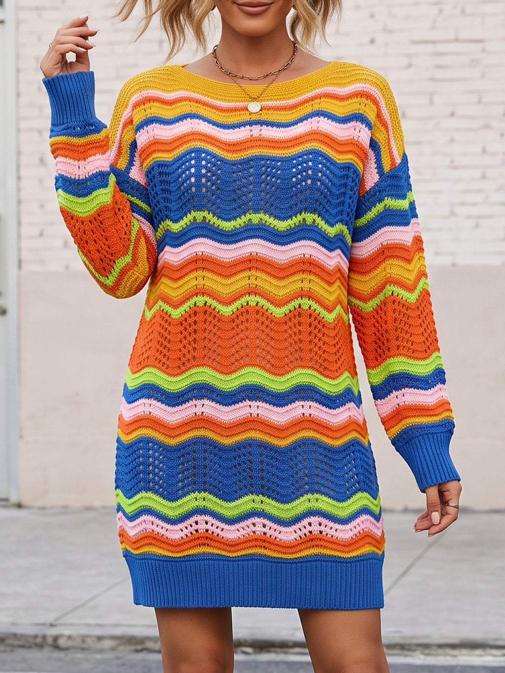 Lady's Dress Rainbow Pattern Woven Color-Blocked Stripe Pullover Knit Dress
