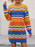 Lady's Dress Rainbow Pattern Woven Color-Blocked Stripe Pullover Knit Dress