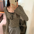 striped knit top, square neck, slim fit, short length, inner layer sweater