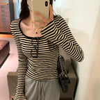 striped knit top, square neck, slim fit, short length, inner layer sweater
