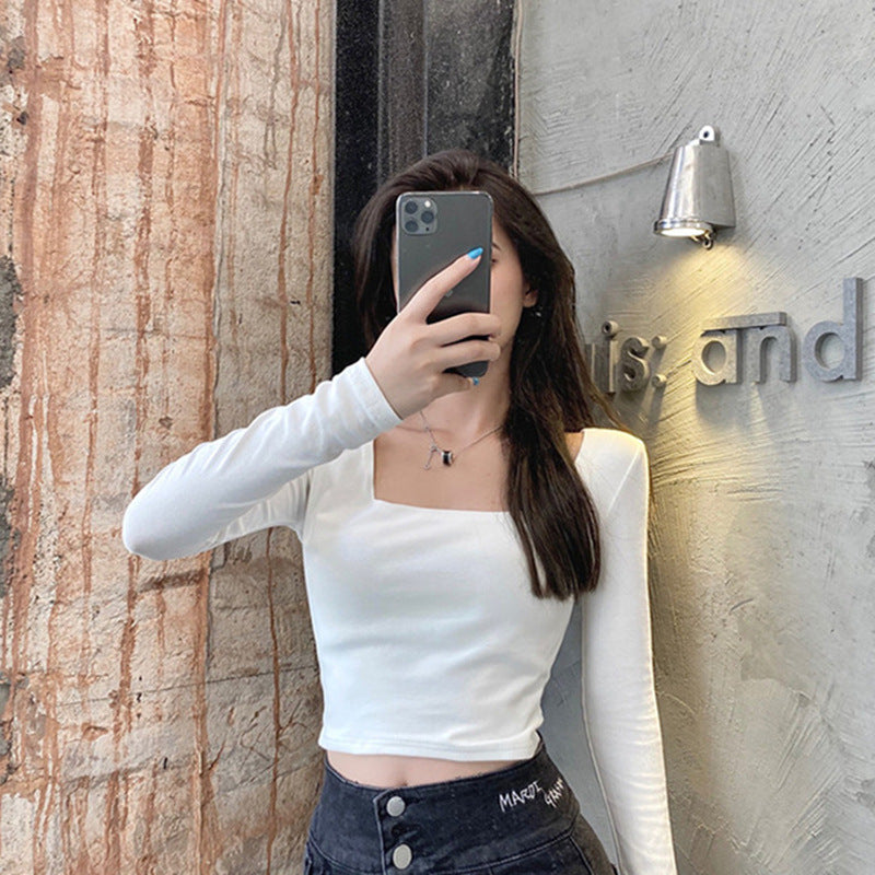 T-shirt Innerwear Vintage Fitted Top for Women Long Sleeve Early Autumn Square Neck Basic Shirt Trendy