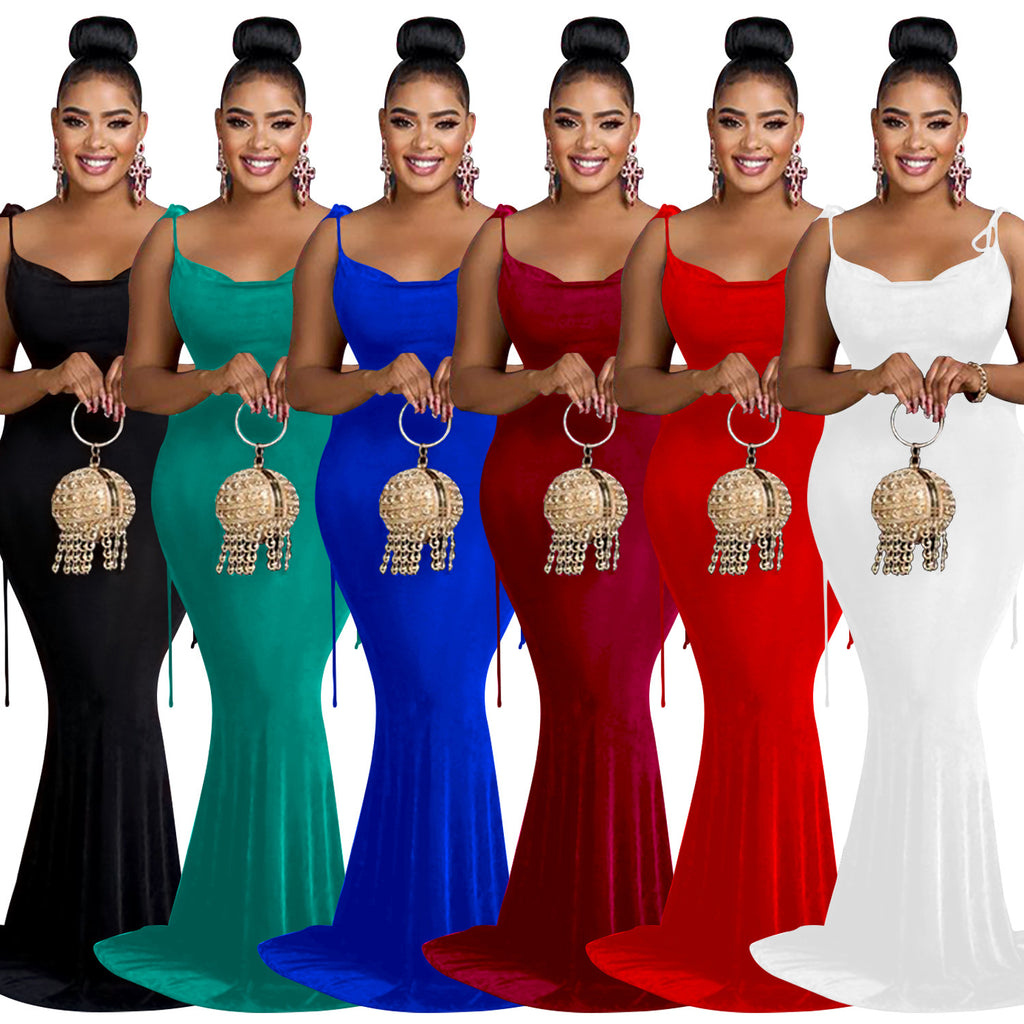 Fashionable Pure Color Sleeveless Long Dress with Shoulder Ties for Women