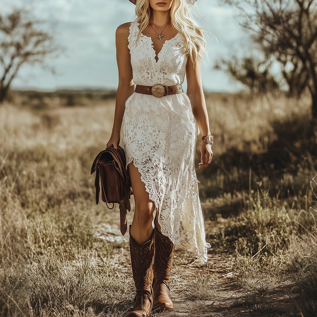 Women's Vintage Bohemian White Lace Sleeveless Mid-length Dress