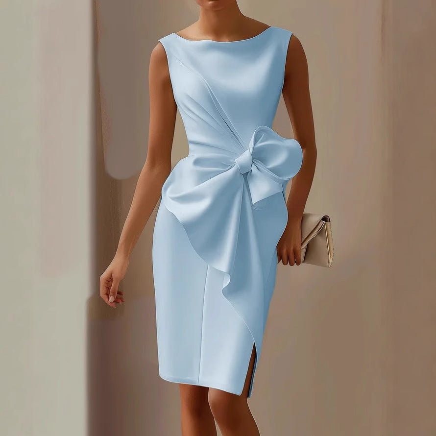 Elegant Butterfly Knot DressShort SleeveOne Shoulder Design A-Line SilhouetteWomen's Dress