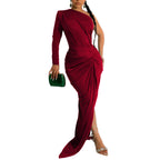 Fashion Women's Solid Color Asymmetrical Neck Single Long Sleeve Long Dress with Pleats