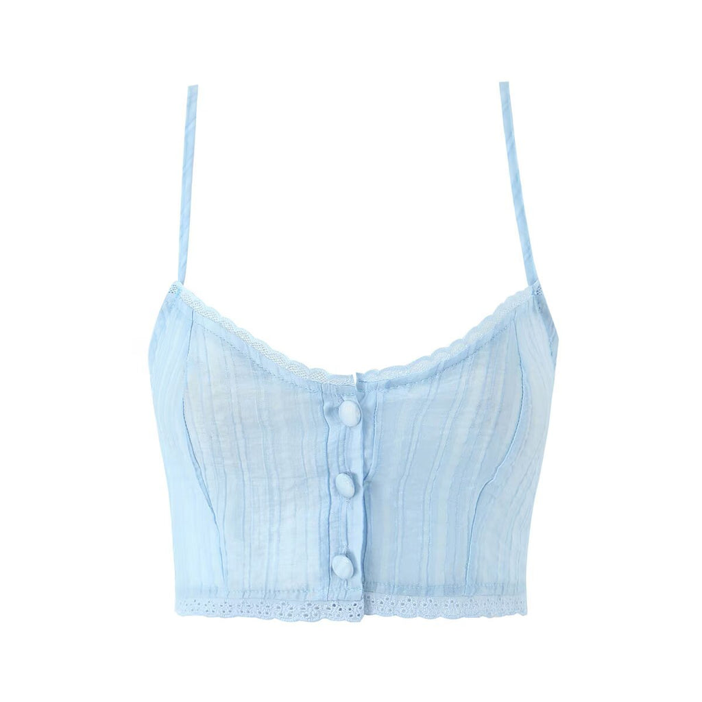 Single breasted lace trimmed crop top with exposed navel straps
