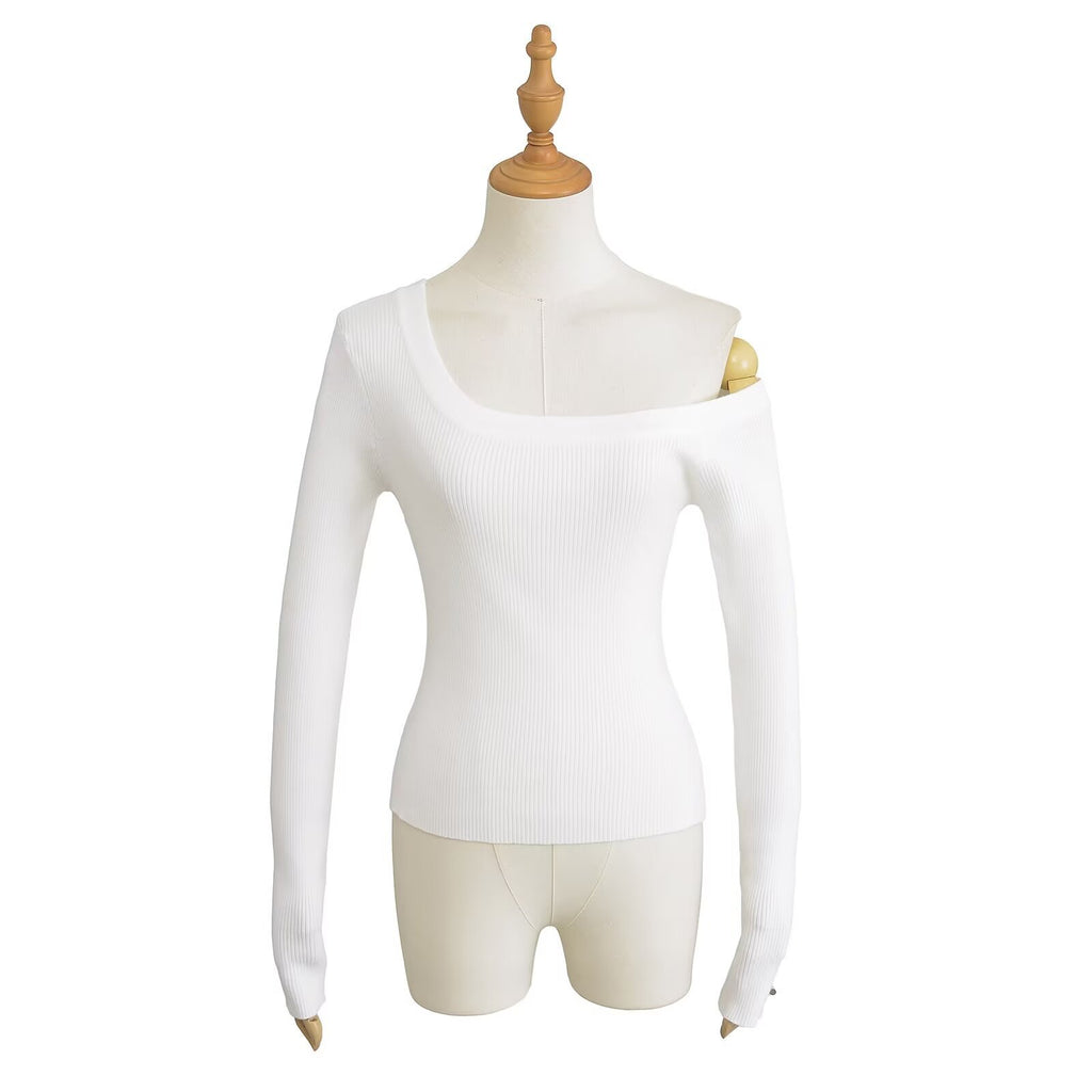Slant shoulder off shoulder elastic slim fit sweater