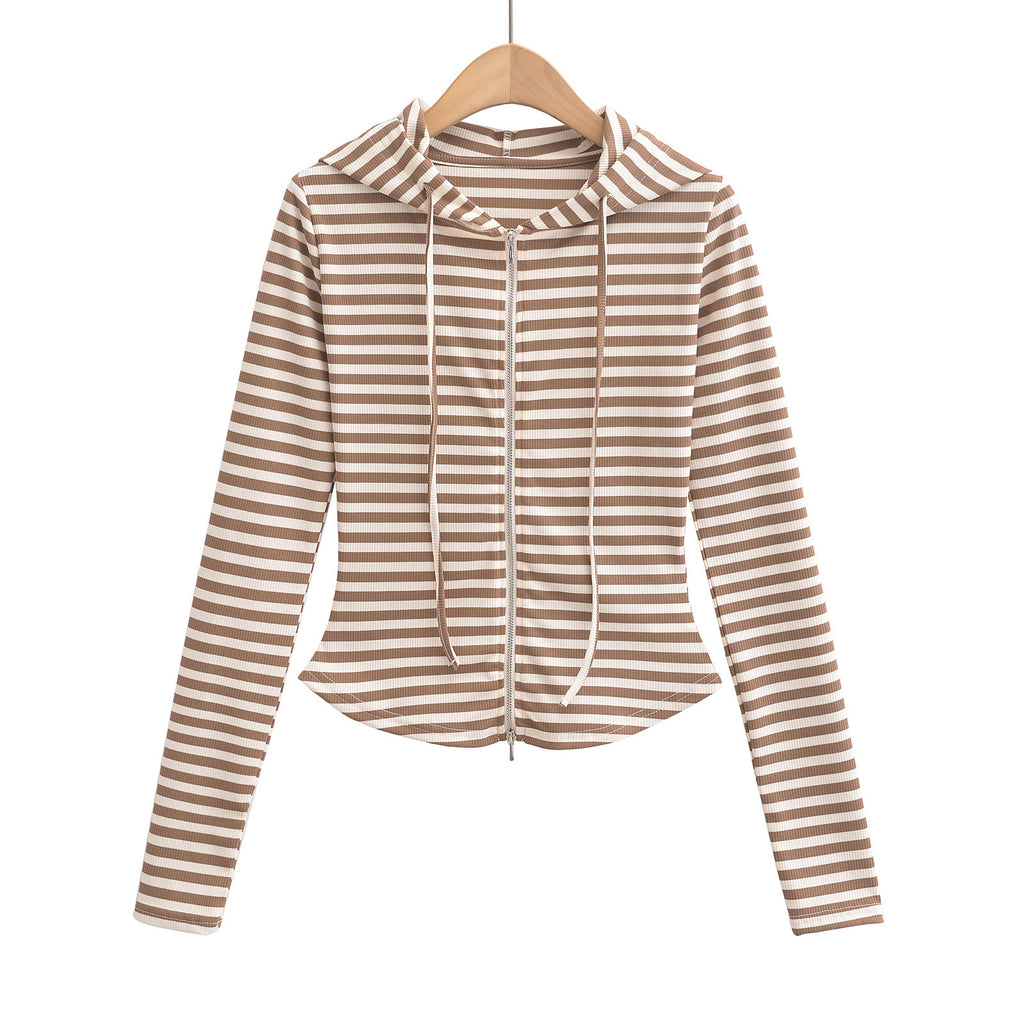 Striped drawstring hooded zipper cardigan top