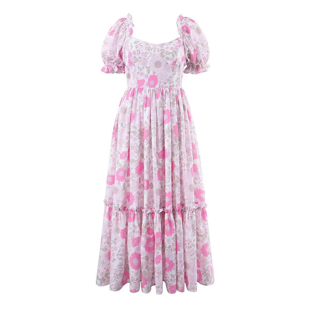 Style Women's Dress with Bubble Sleeves, Pink Floral Print, Fitted Waist Design