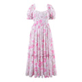 Style Women's Dress with Bubble Sleeves, Pink Floral Print, Fitted Waist Design