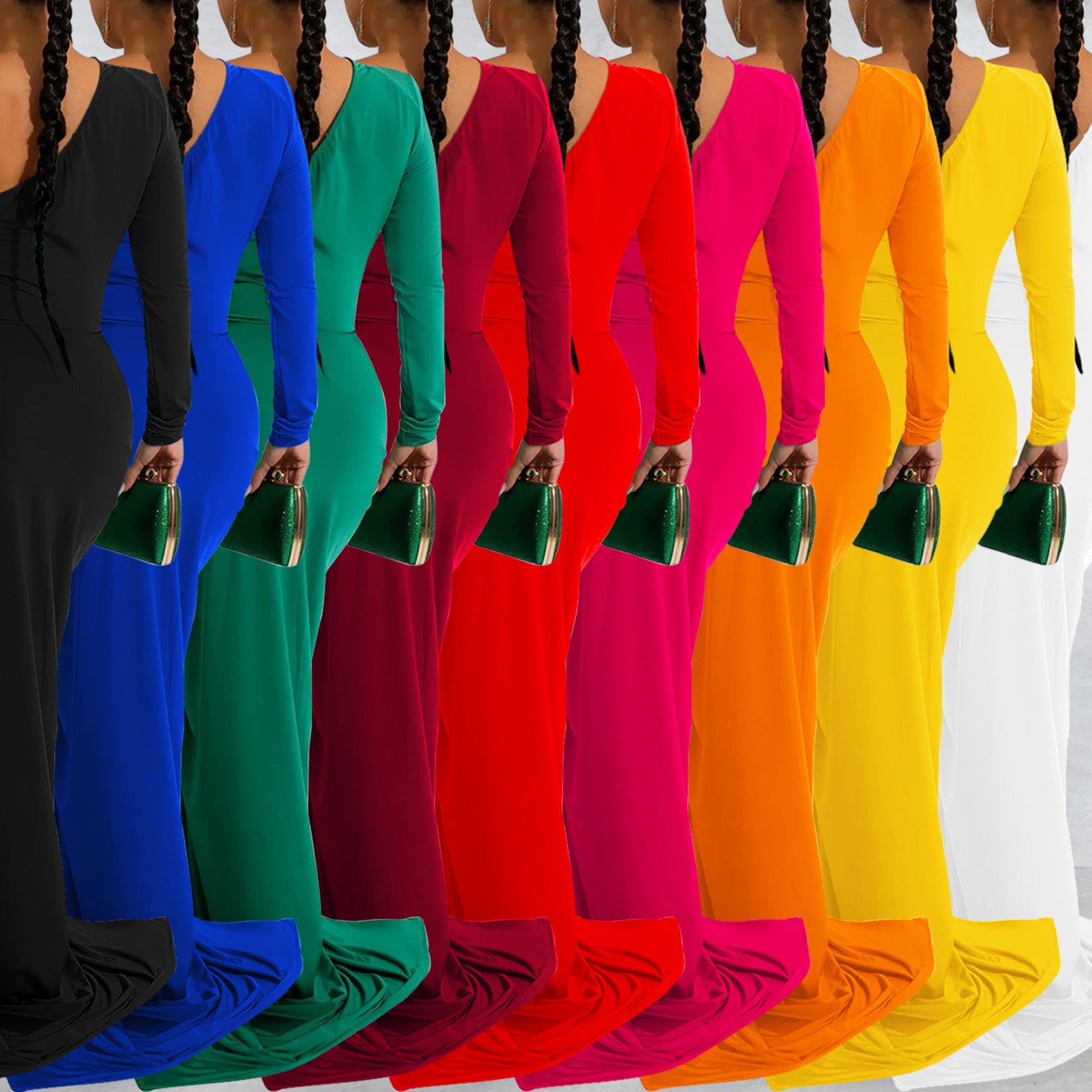 Fashion Women's Solid Color Asymmetrical Neck Single Long Sleeve Long Dress with Pleats