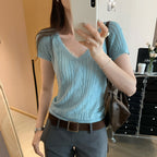 Seductive Unique Hollow Semi-Transparent V-Neck Knit Short Sleeve T-Shirt Fit Slimming Top