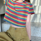 Cec Loose Rainbow Stripe Short Sleeve T-Shirt Women Ins Trendy Summer Crop Top