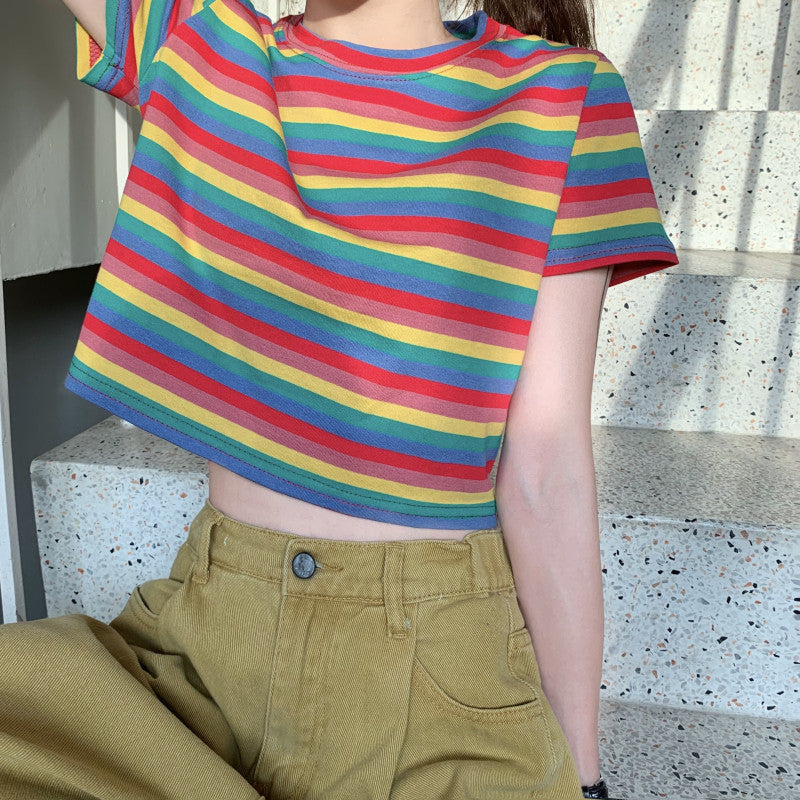 Cec Loose Rainbow Stripe Short Sleeve T-Shirt Women Ins Trendy Summer Crop Top