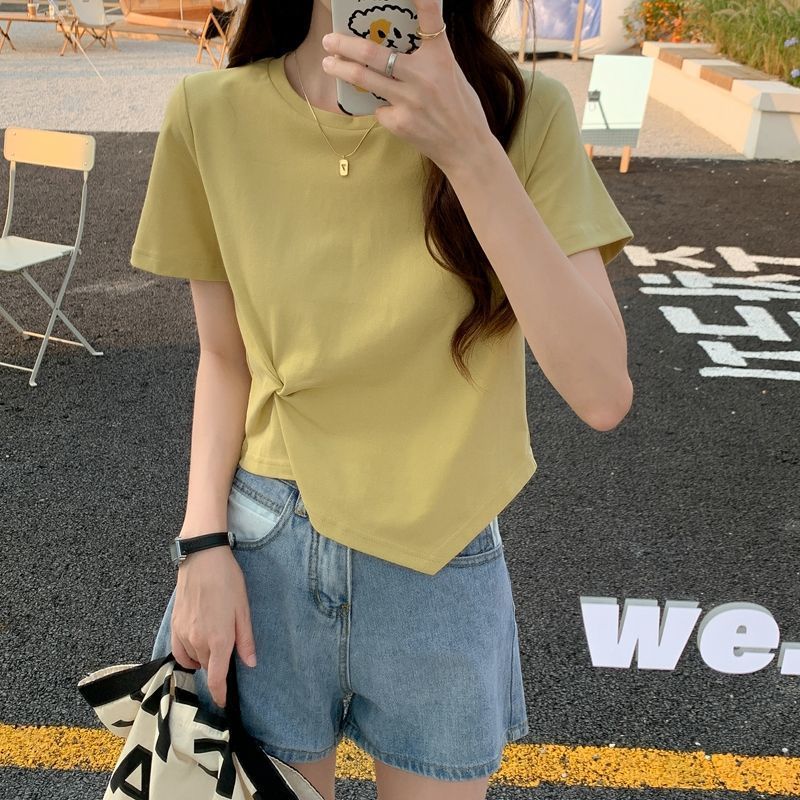 Summer scheming design sense niche half sleeved high waisted short top irregular short sleeved t-shirt for women