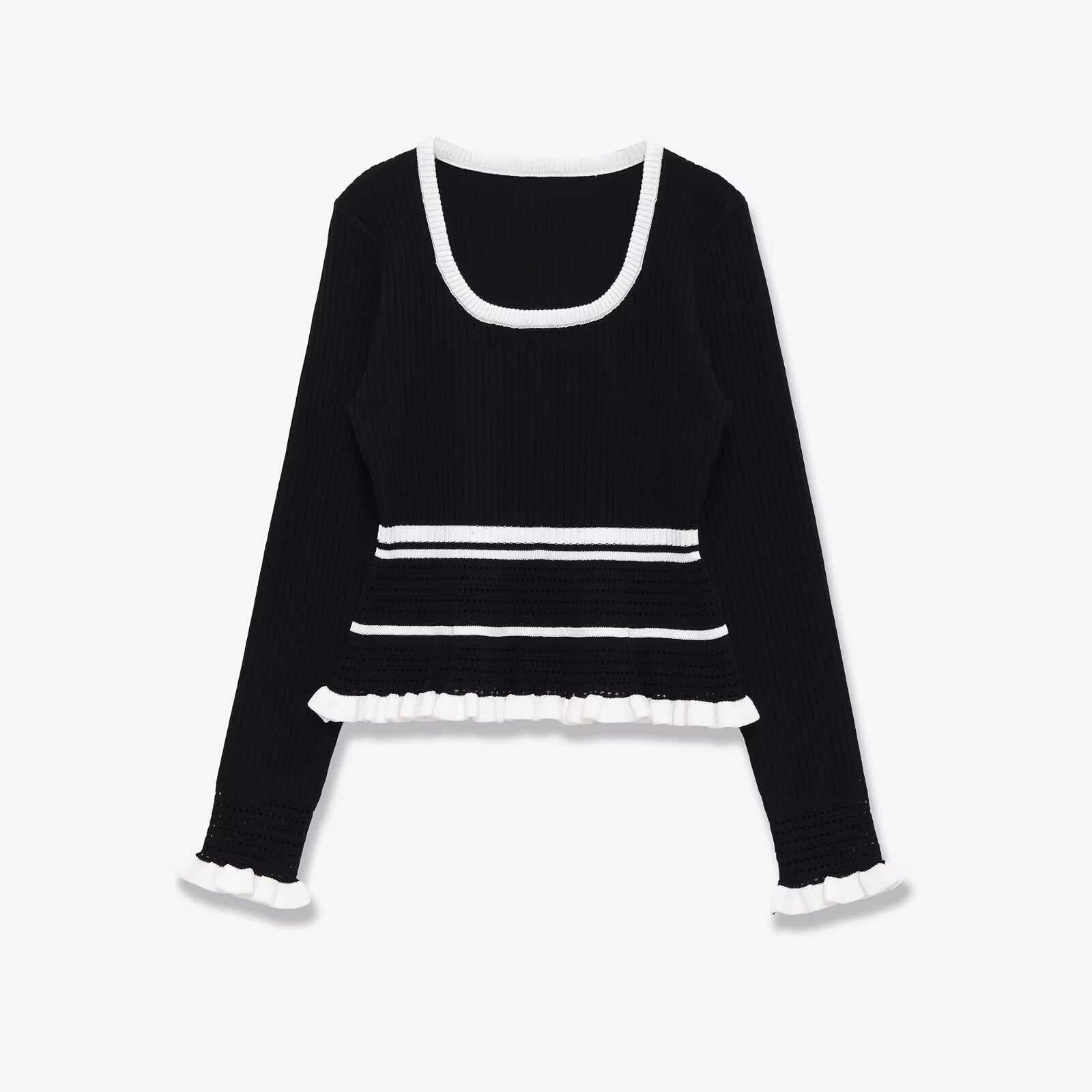 Slim fit U-neck casual patchwork ribbed knit sweater