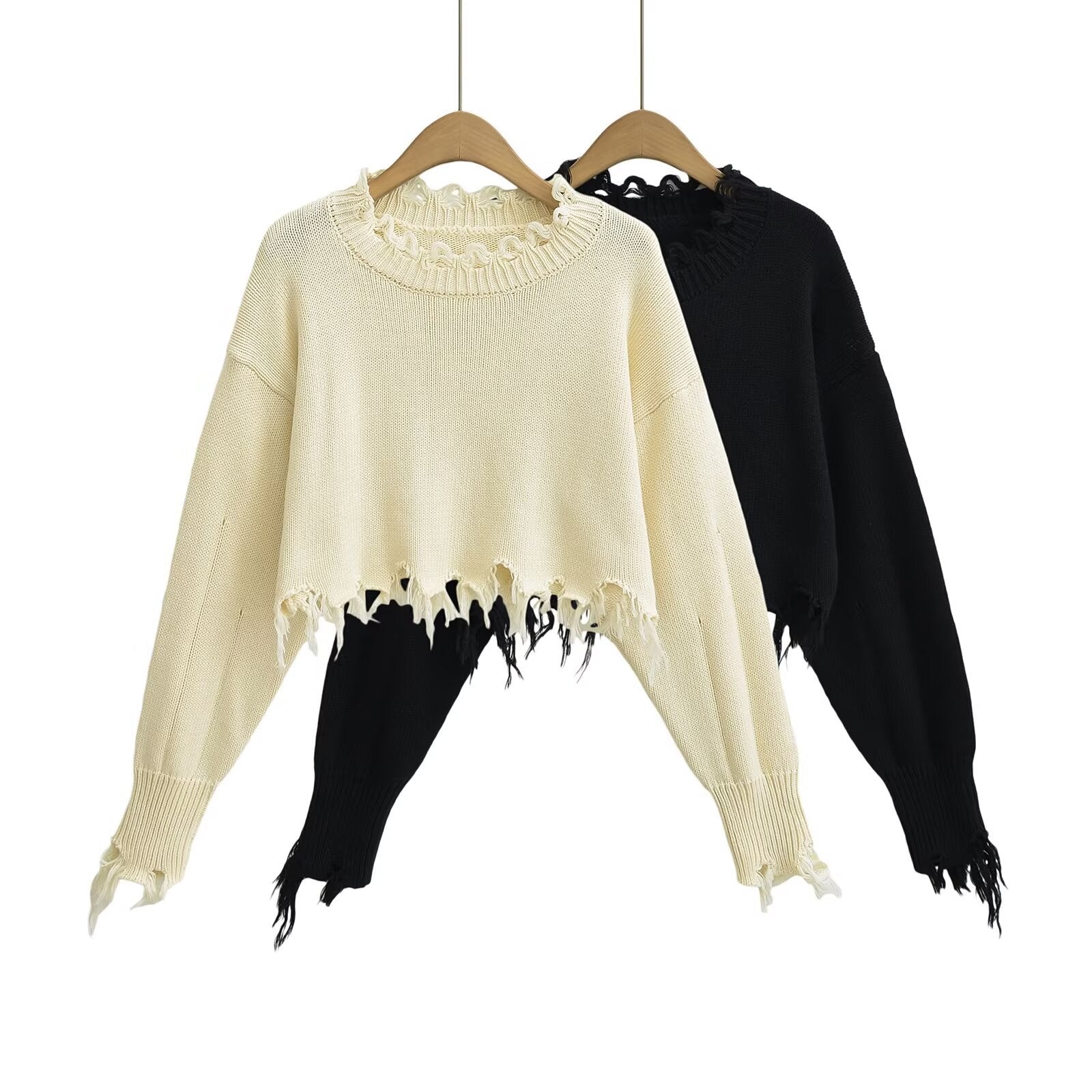 Broken hole tassel short crop top sweater with exposed navel