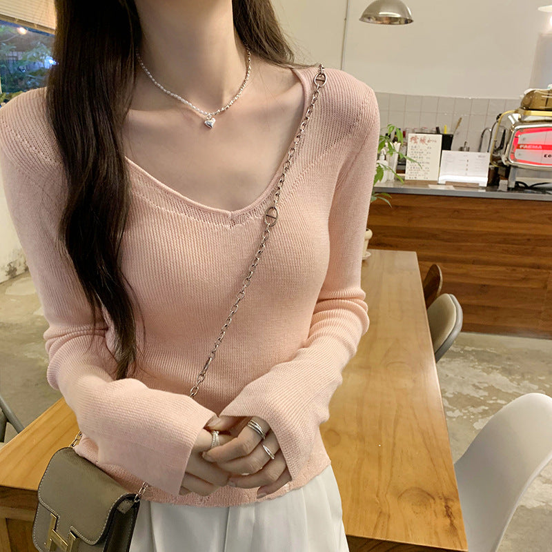 Tweed-Style Sheer Lace Trim V-Neck Lightweight Long Sleeve Inner Knit Top