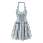 Striped printed bow hanging neck vest dress