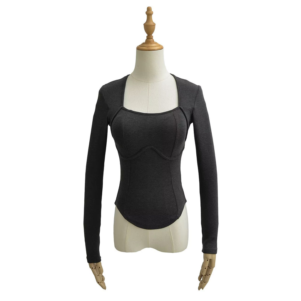 Square collar long sleeved pullover T-shirt