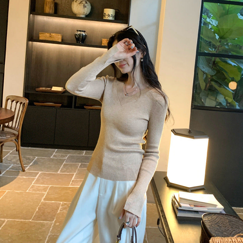Crewneck Knit Top for Women, Slim Fit Long Sleeve Sweater