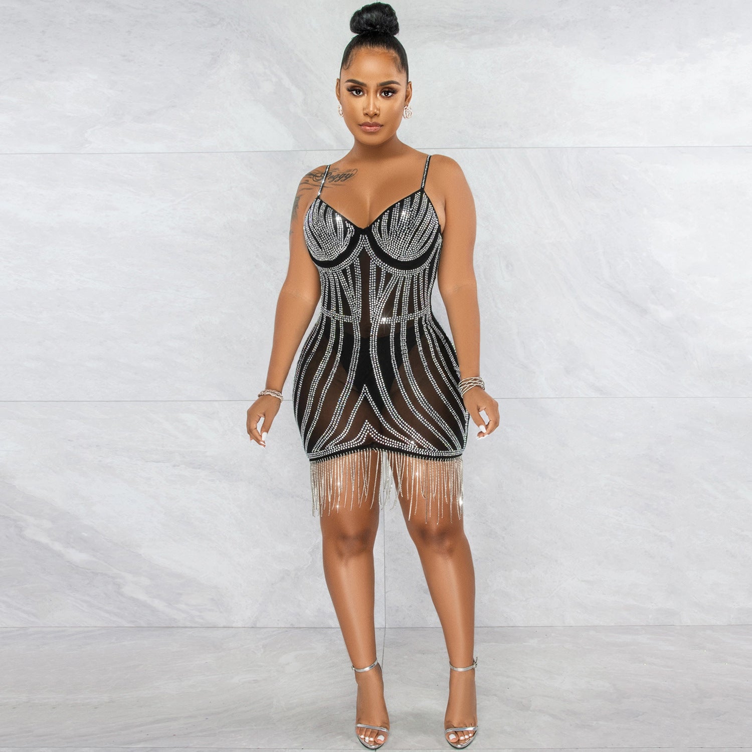 Sexy Embellished Strapless Sleeveless Crop Top Dress with Fringe Details