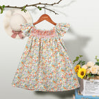 Floral Summer Dress for 1 2 3 4 5 6 Years Girls Smocking Design with Flying Sleeve Baby Toddler Daily Cute Clothes