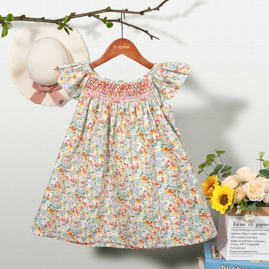 Floral Summer Dress for 1 2 3 4 5 6 Years Girls Smocking Design with Flying Sleeve Baby Toddler Daily Cute Clothes