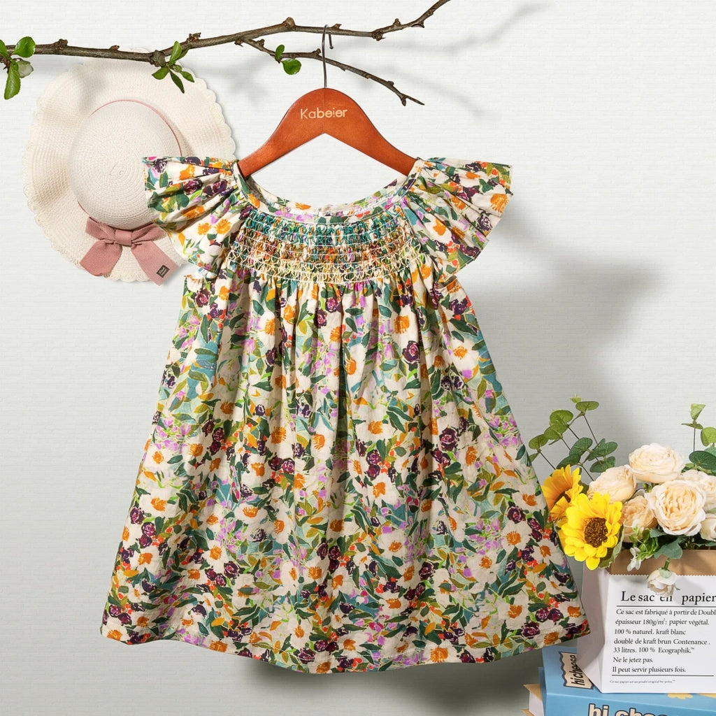 Floral Summer Dress for 1 2 3 4 5 6 Years Girls Smocking Design with Flying Sleeve Baby Toddler Daily Cute Clothes