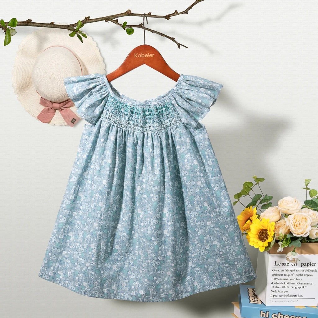 Floral Summer Dress for 1 2 3 4 5 6 Years Girls Smocking Design with Flying Sleeve Baby Toddler Daily Cute Clothes