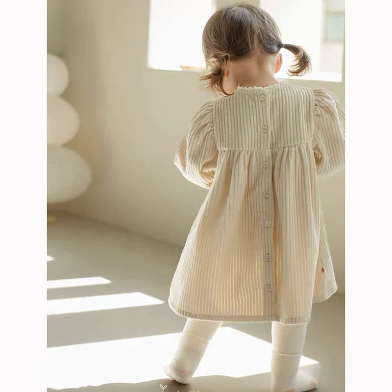 Kids Outfits Autumn Baby Girl Corduroy Princess Dress Embroidered Flowers Puff Sleeve Dress Children Retro Casual Loose Dresses