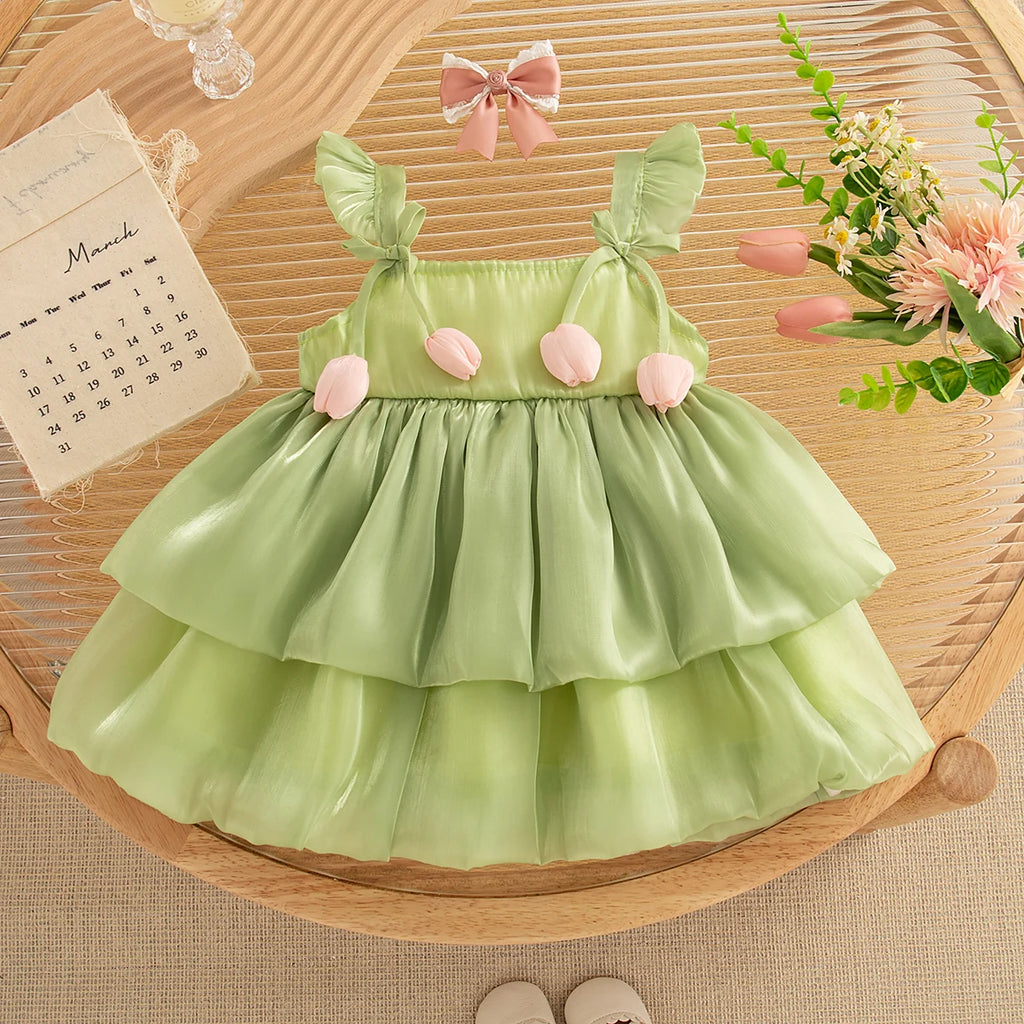 Newborn Girl Dress Layered Chiffon Princess Dress Flower Bow Tutu Dress for Baby Girl