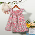 Floral Summer Dress for 1 2 3 4 5 6 Years Girls Smocking Design with Flying Sleeve Baby Toddler Daily Cute Clothes