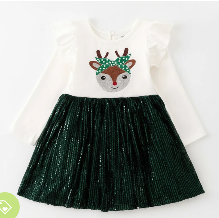 Holiday Sparkle Reindeer Tulle Dress | Long-Sleeve Christmas & Holiday Outfit