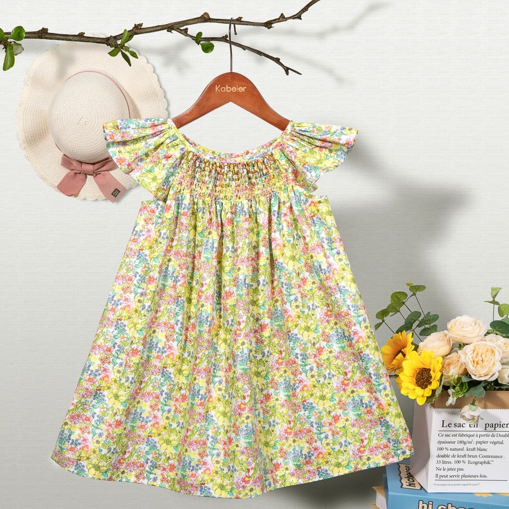 Floral Summer Dress for 1 2 3 4 5 6 Years Girls Smocking Design with Flying Sleeve Baby Toddler Daily Cute Clothes