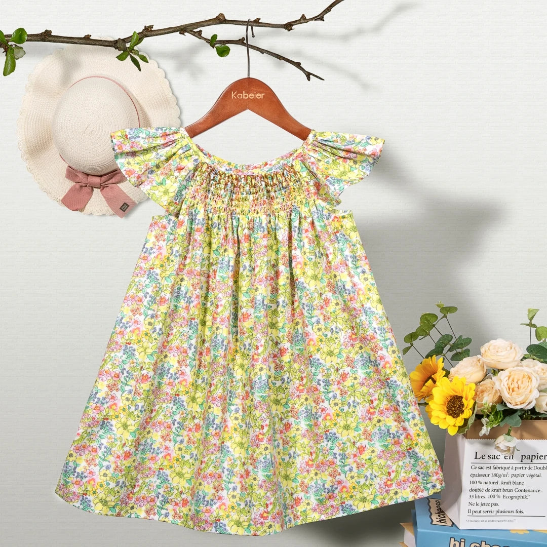 Floral Summer Dress for 1 2 3 4 5 6 Years Girls Smocking Design with Flying Sleeve Baby Toddler Daily Cute Clothes
