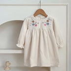 Kids Outfits Autumn Baby Girl Corduroy Princess Dress Embroidered Flowers Puff Sleeve Dress Children Retro Casual Loose Dresses