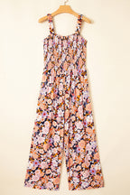 Black Floral Print Smocked High Waist Square Neck Jumpsuit