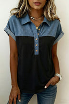 Light Grey Color Block Denim Patchwork Button Polo Collar Short Sleeve Top