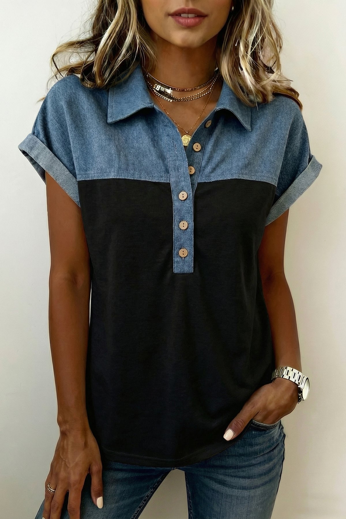Light Grey Color Block Denim Patchwork Button Polo Collar Short Sleeve Top