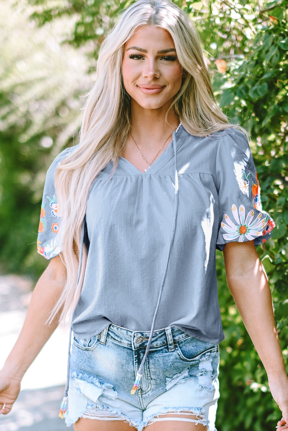 Clearly Aqua Floral Embroidered Puff Sleeve Split Neck Blouse