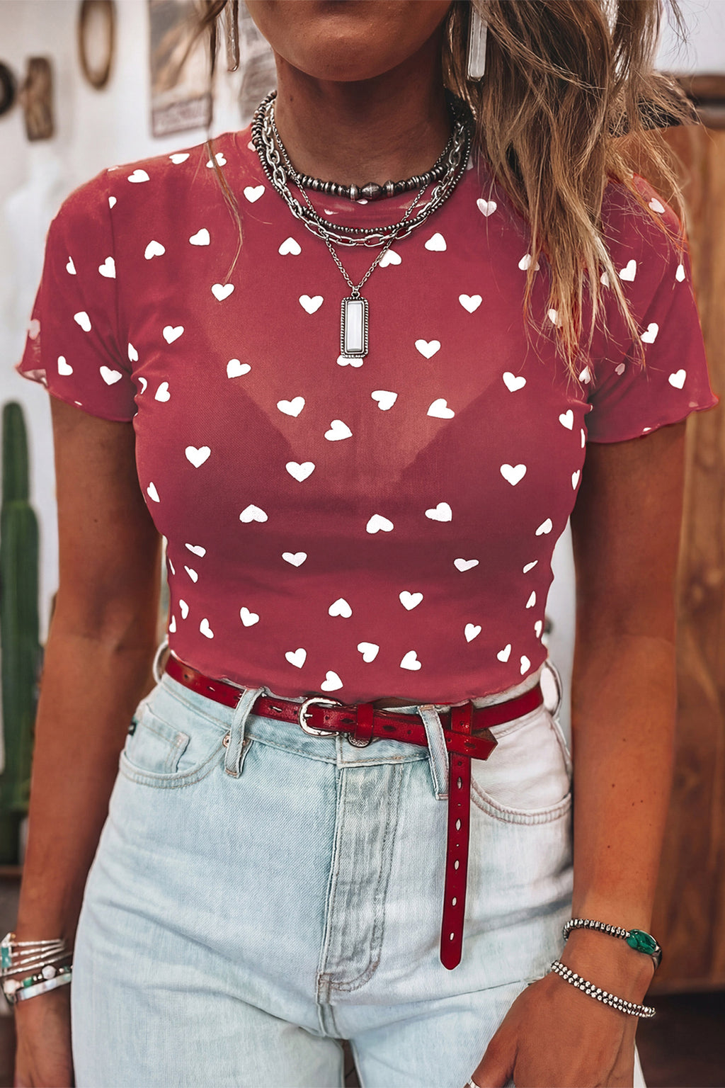 Red Allover Heart Print Mesh Short Sleeve Top