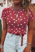 Red Allover Heart Print Mesh Short Sleeve Top