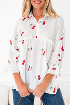 White Cherry Print Flounce Sleeve Collared Frilled Babydoll Blouse