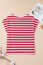 Pink Stripe Split V Neck Casual T Shirt