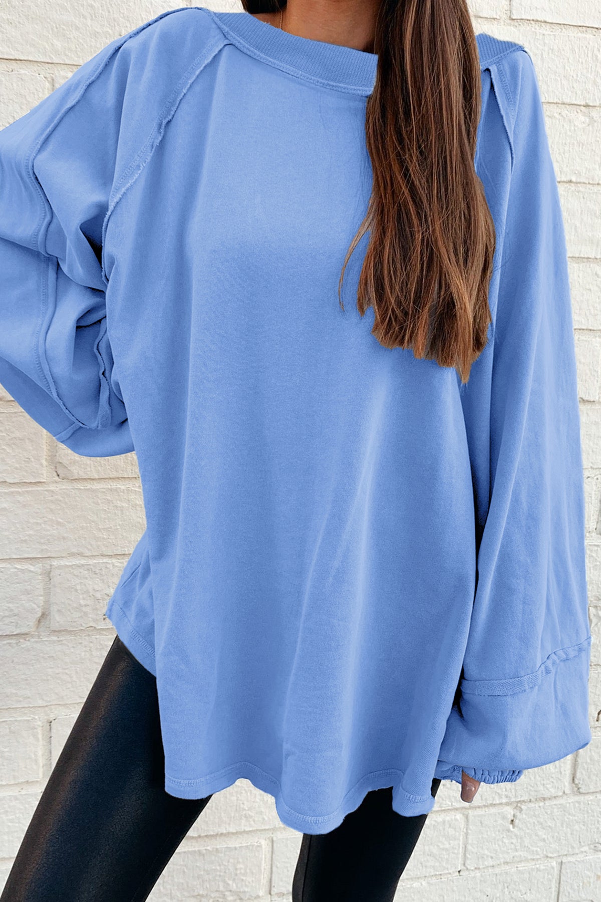 Beau Blue Solid Color Raw Seam Patchwork Baggy Sweatshirt